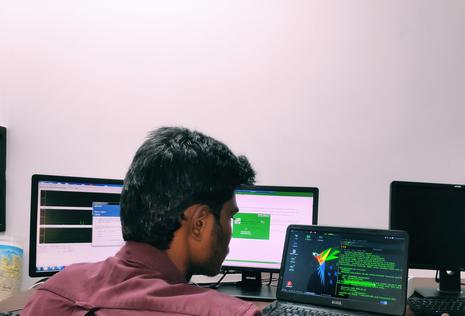 Security analyst monitoring multiple screens